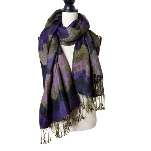 Purple, Black, Lavender & Olive Green Pashmina Scarf - Picture 1 of 7